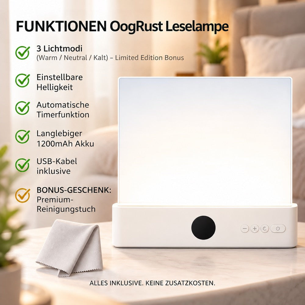 Weiße Standlampe mit Touch-Tasten auf einem Tisch, daneben ein graues Reinigungstuch 6