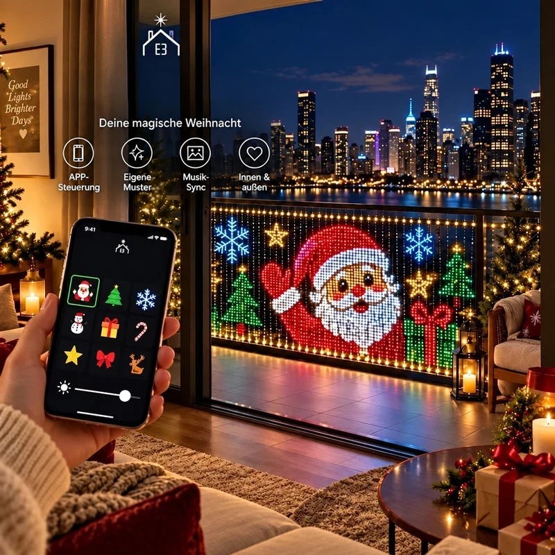 Lichtvorhang am Balkon mit Weihnachtsmann-Motiv, links eine Hand mit Smartphone, das die App-Motivauswahl zeigt 2