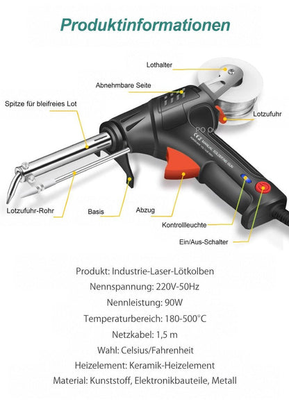 Beschriftetes Produktbild mit allen Bauteilen und einer Liste technischer Daten darunter 8