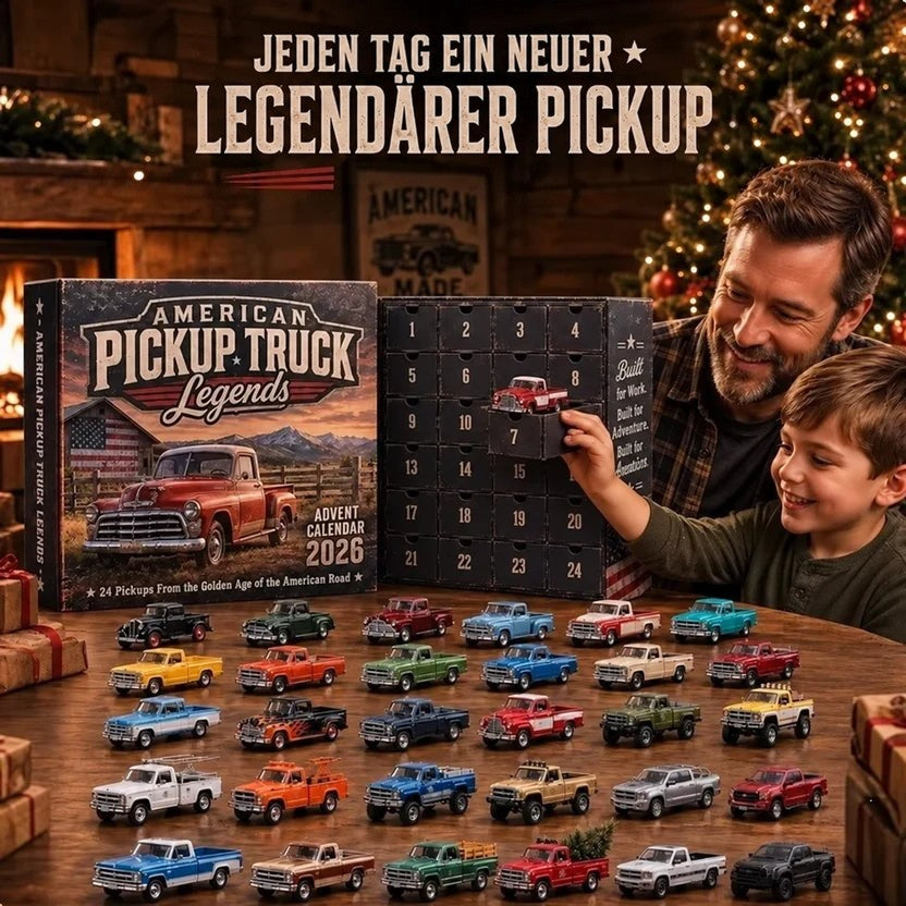 Vater und Sohn öffnen ein Türchen des Pickup-Kalenders, davor 24 Pickup-Modelle auf einem Holztisch 5