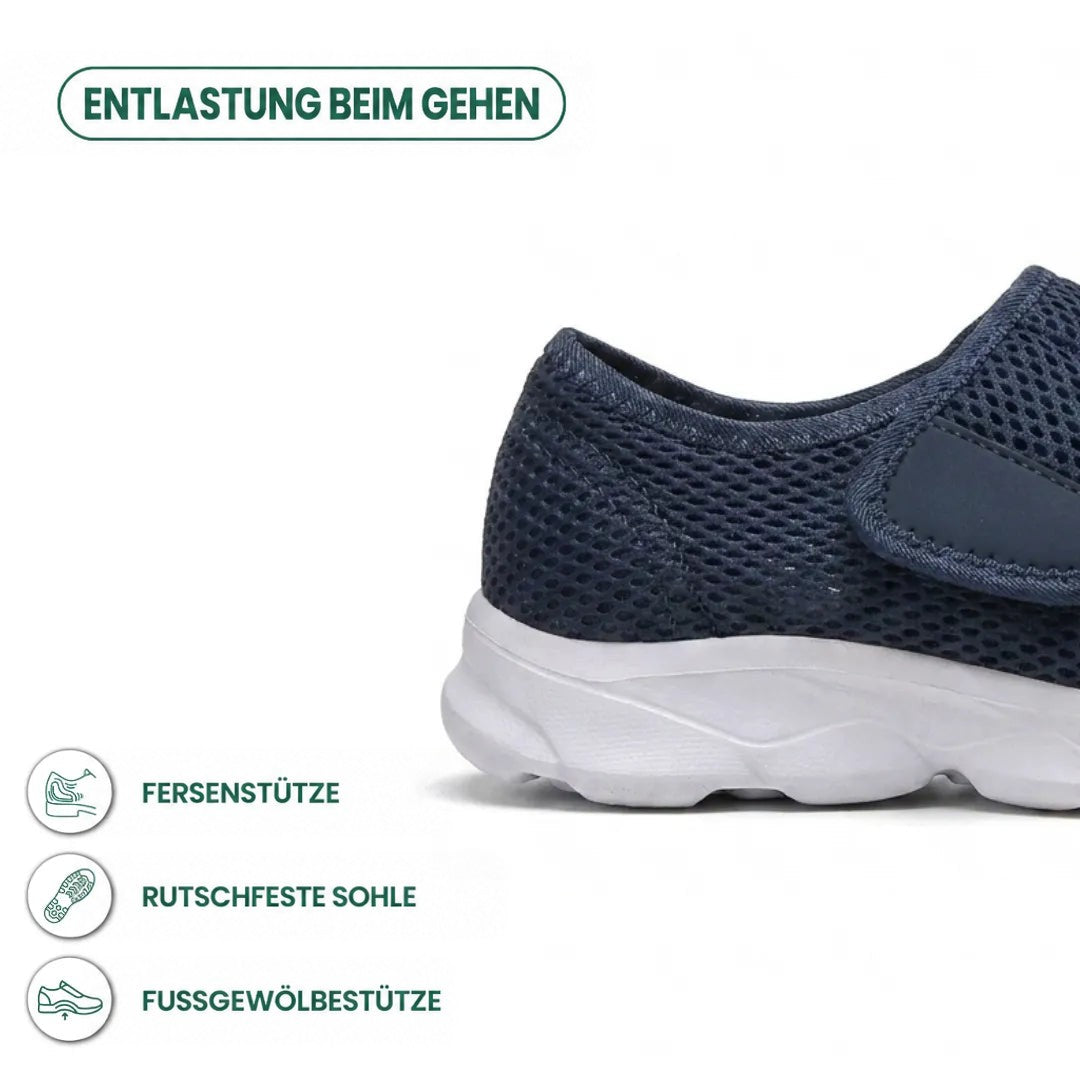 Nahaufnahme der Ferse des marineblauen Schuhs mit weißer Sohle, daneben Symbole für Fersenhalt, rutschfeste Sohle und Fußgewölbestütze. 4