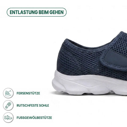 Nahaufnahme der Ferse des marineblauen Schuhs mit weißer Sohle, daneben Symbole für Fersenhalt, rutschfeste Sohle und Fußgewölbestütze. 4