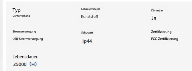 Tabelle mit technischen Angaben: Kunststoffgehäuse, dimmbar, USB-Stromversorgung, Schutzart IP44 und eine Lebensdauer von 10