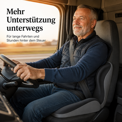 Fernfahrer am Steuer eines Lkw nutzt das Sitzkissen mit Rückenstütze auf dem Fahrersitz 5