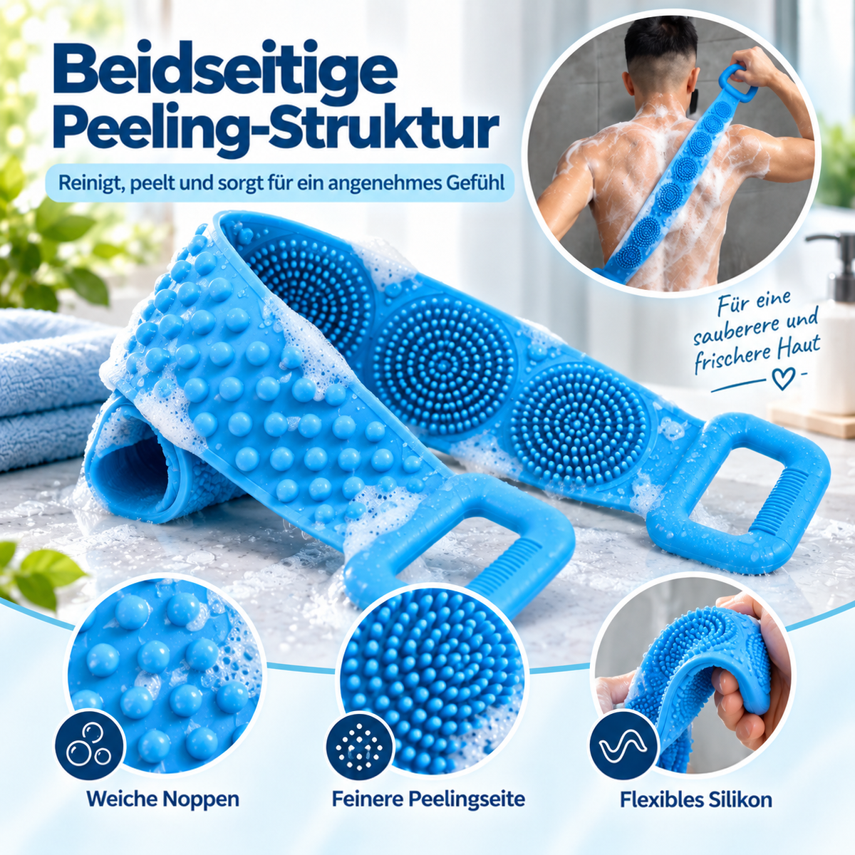 Nahaufnahme der Noppen- und der feineren Borstenseite der blauen Bürste, kleines Bild zeigt einen Mann beim Rückenwaschen 7