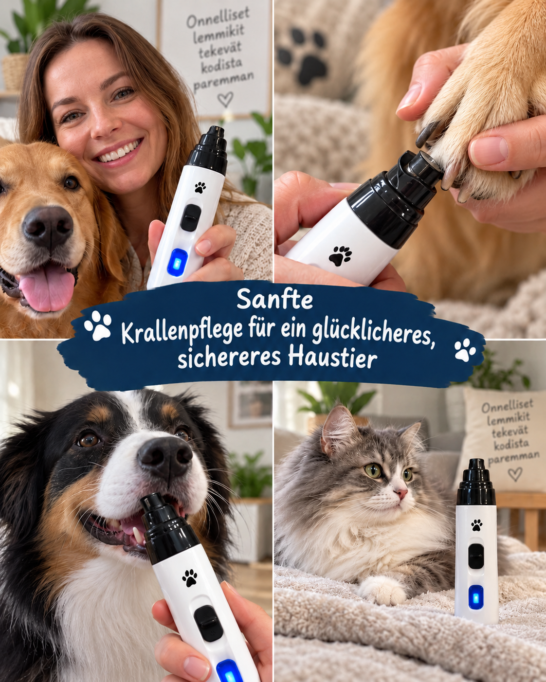 Collage mit Frau und Hund, Krallenpflege bei Hunden und einer Katze neben dem Gerät mit blauer Anzeige 13