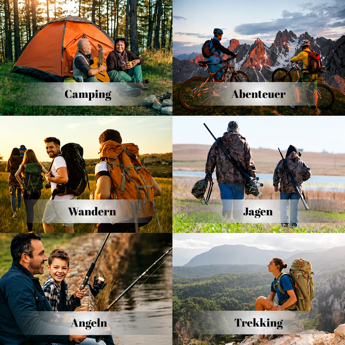 Sechs Outdoor-Szenen als Collage: Camping, Abenteuer, Wandern, Jagen, Angeln und Rucksackreisen 7