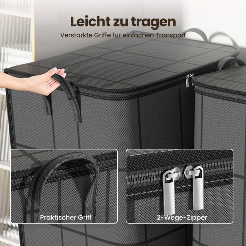 Nahaufnahme der verstärkten Tragegriffe, eine Hand hebt einen Griff an; Detailbild des Zwei-Wege-Reißverschlusses mit Metallzippern. 8