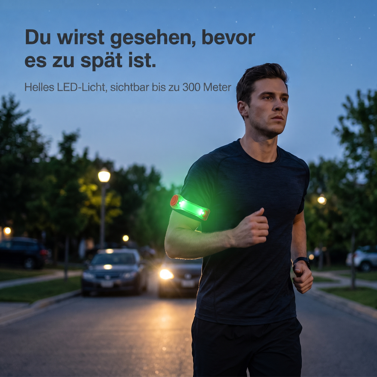 Läufer mit grün leuchtendem Armband am Oberarm joggt abends auf einer Straße 2