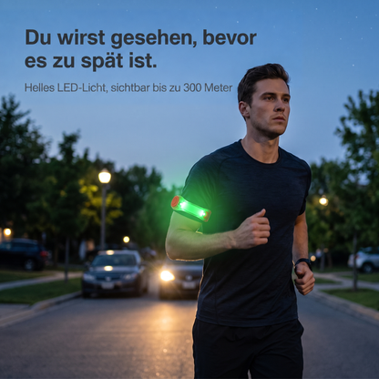 Läufer mit grün leuchtendem Armband am Oberarm joggt abends auf einer Straße 2