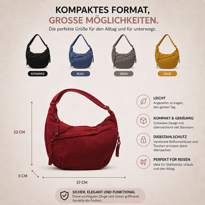 Übersichtsbild mit der Tasche in Schwarz, Blau, Grau und Gelb sowie einem roten Modell mit Maßangaben und Symbolen zu den Eigenschaften. 3