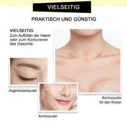 Anwendungsbeispiele des Puders als Augenbrauenpuder, zum Konturieren des Gesichts und als Schattierung am Dekolleté, jeweils mit gestrichelter Markierung. 3