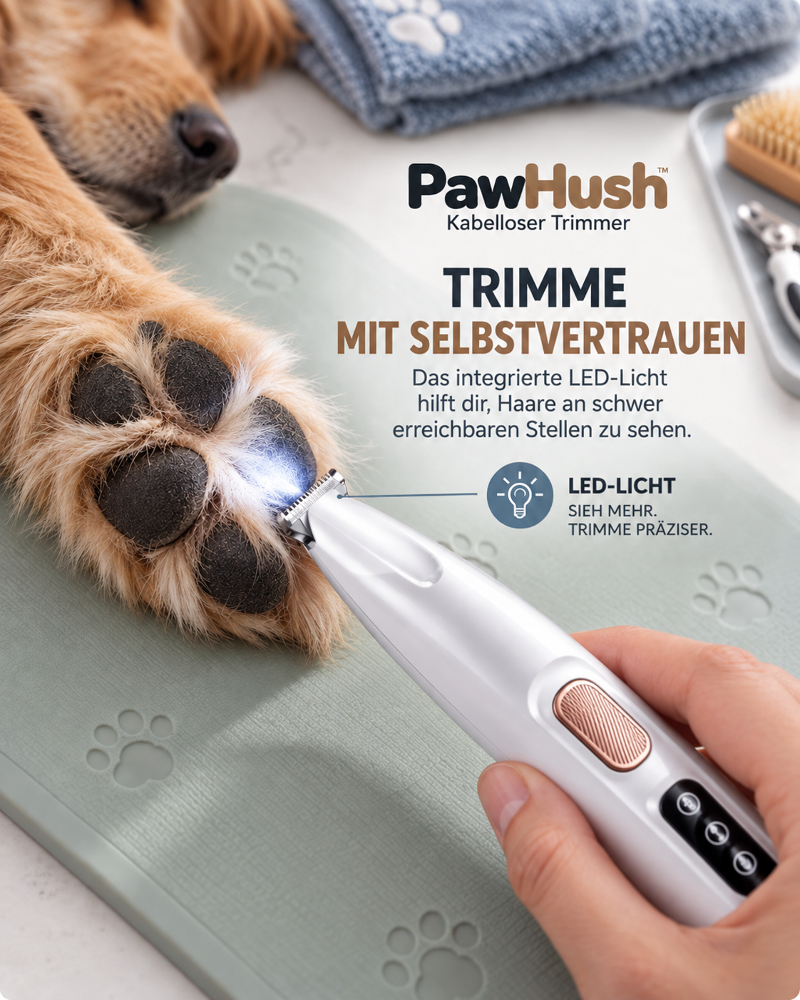 Hand hält den Trimmer mit leuchtendem LED-Licht an die Pfote eines liegenden Hundes 7