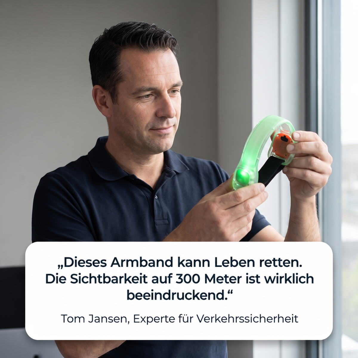 Mann im dunklen Poloshirt hält ein grün leuchtendes Armband in den Händen und betrachtet es 7