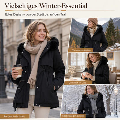Collage: Frau im schwarzen Parka mit Schal in der Stadt, beim Café, im Schnee und in den Bergen 7