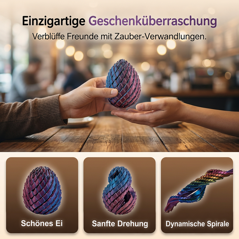 Ein Drachenei wird über einen Holztisch in einem Café weitergereicht, darunter drei Ansichten: Ei, verdrehte Form und Spirale. 7