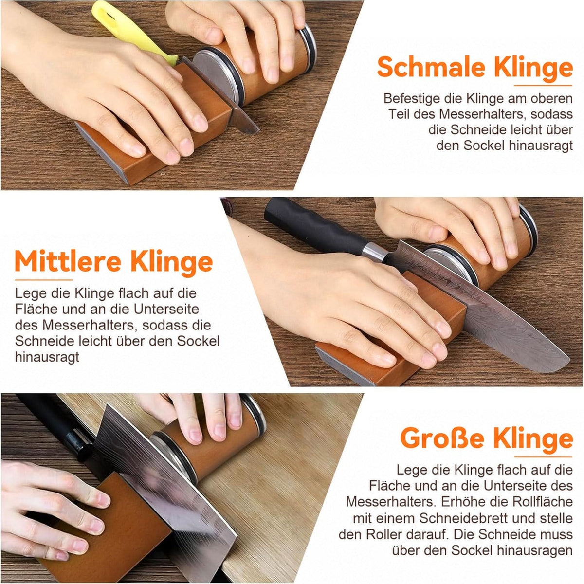 Collage mit drei Anwendungen für schmale, mittlere und große Klingen, jeweils am Winkelblock mit aufgelegtem Schärfzylinder. 7