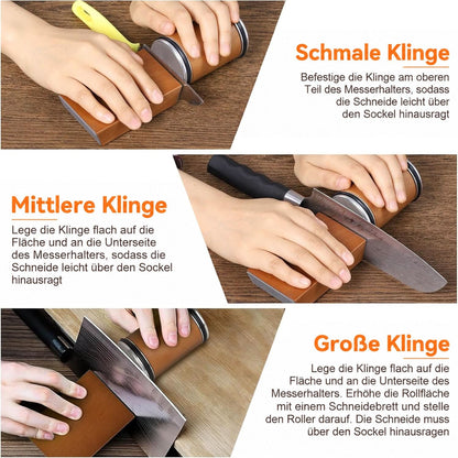 Collage mit drei Anwendungen für schmale, mittlere und große Klingen, jeweils am Winkelblock mit aufgelegtem Schärfzylinder. 7