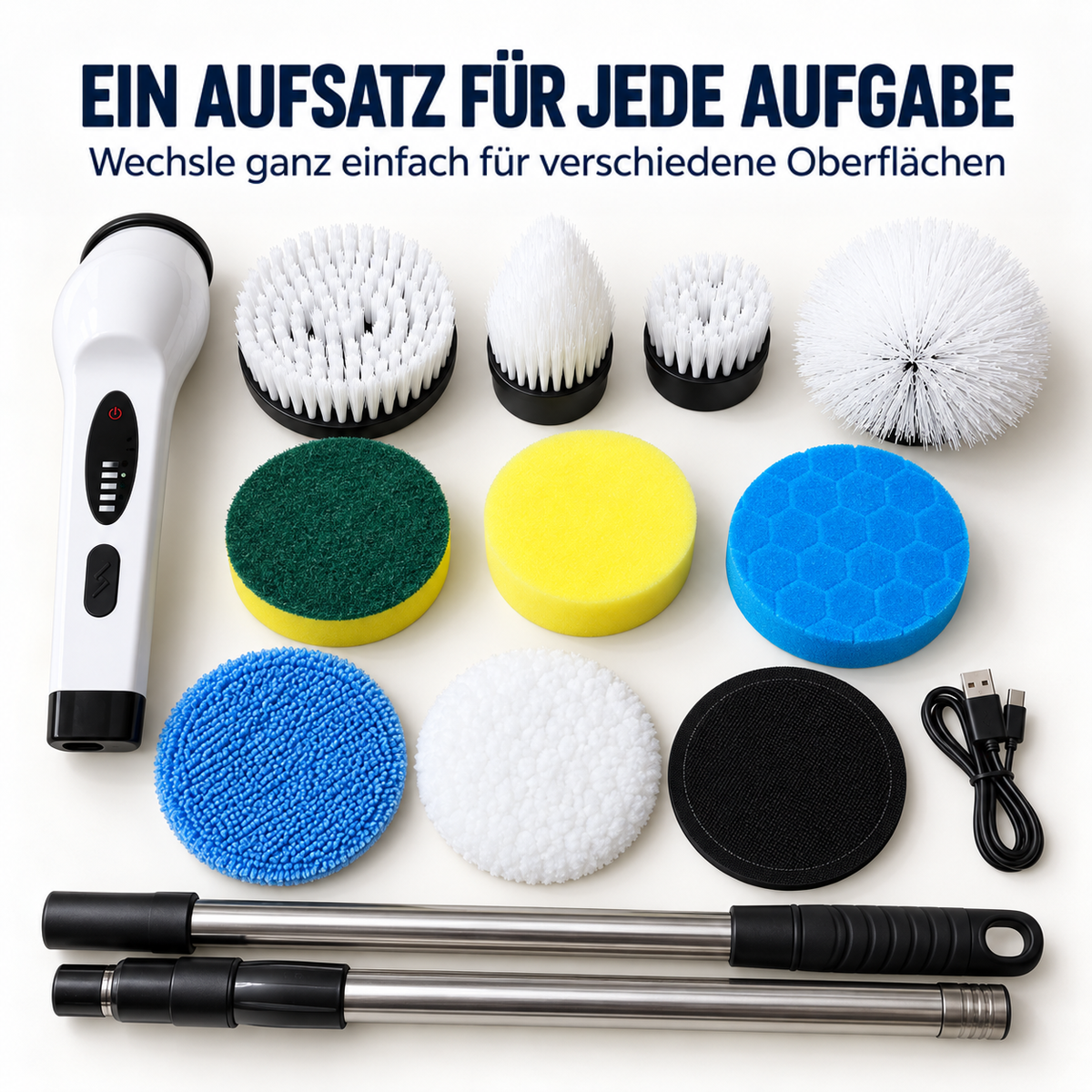 Alle Teile im Überblick: Handgerät, Bürstenköpfe, Schwämme, Pads, USB-Ladekabel und zwei Stangenteile 2
