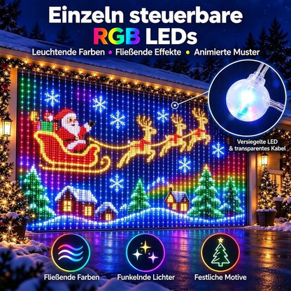 Lichtvorhang an einer Garagenwand zeigt Weihnachtsmann im Schlitten mit Rentieren, daneben Detailansicht eines versiegelten 4