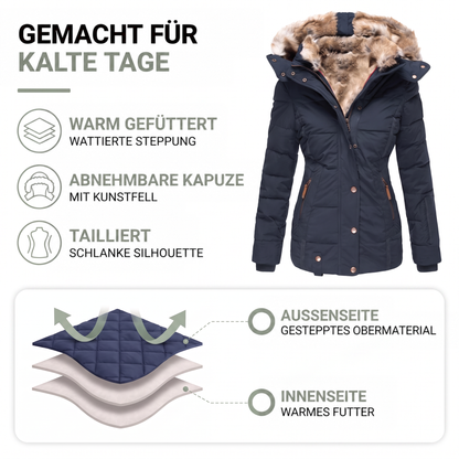Infografik zum marineblauen Parka mit Hinweisen zu Wattierung, abnehmbarer Kapuze, Taillierung und Lagenaufbau 2