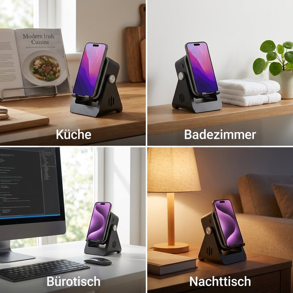 Vier Einsatzorte des schwarzen Ständers im Bild: Küche, Badezimmer, Schreibtisch und Nachttisch, jeweils mit Smartphone 6
