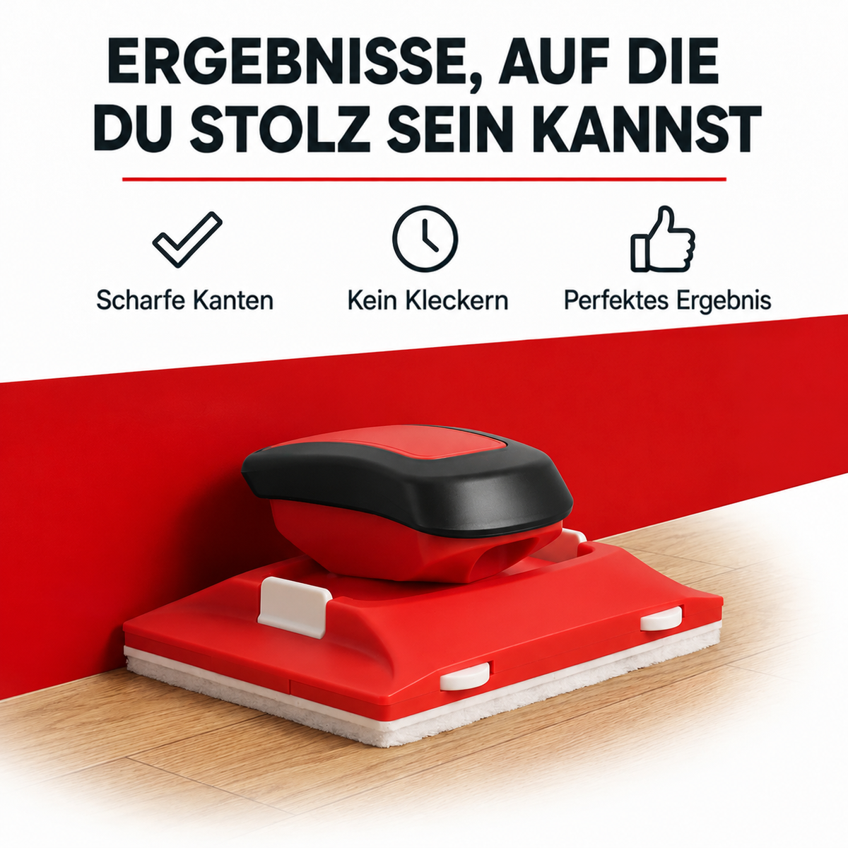 Rotes Werkzeug mit Filzkante steht an einer roten Wand direkt über dem Holzboden 2