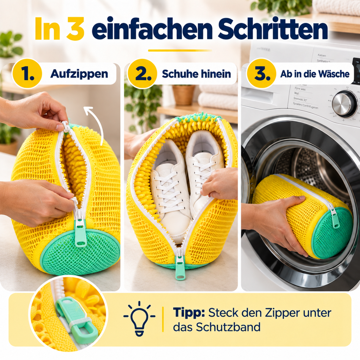 Drei Schritte in Bildern: Reißverschluss öffnen, Schuhe hineinlegen, Tasche in die Waschmaschine geben 6