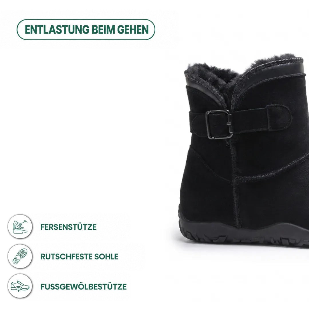 Schwarzer Stiefel mit Schnalle im Detail, daneben Symbole für Fersenhalt, rutschfeste Sohle und Fußgewölbe-Unterstützung 13