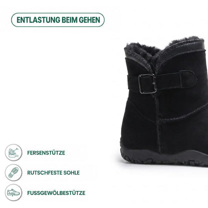 Schwarzer Stiefel mit Schnalle im Detail, daneben Symbole für Fersenhalt, rutschfeste Sohle und Fußgewölbe-Unterstützung 13