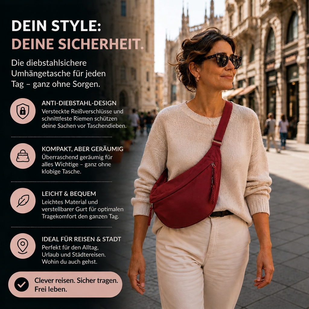Frau in cremefarbenem Pullover trägt die bordeauxfarbene Tasche quer über der Brust beim Stadtbummel, daneben eine Infografik mit Produktvorteilen. 2