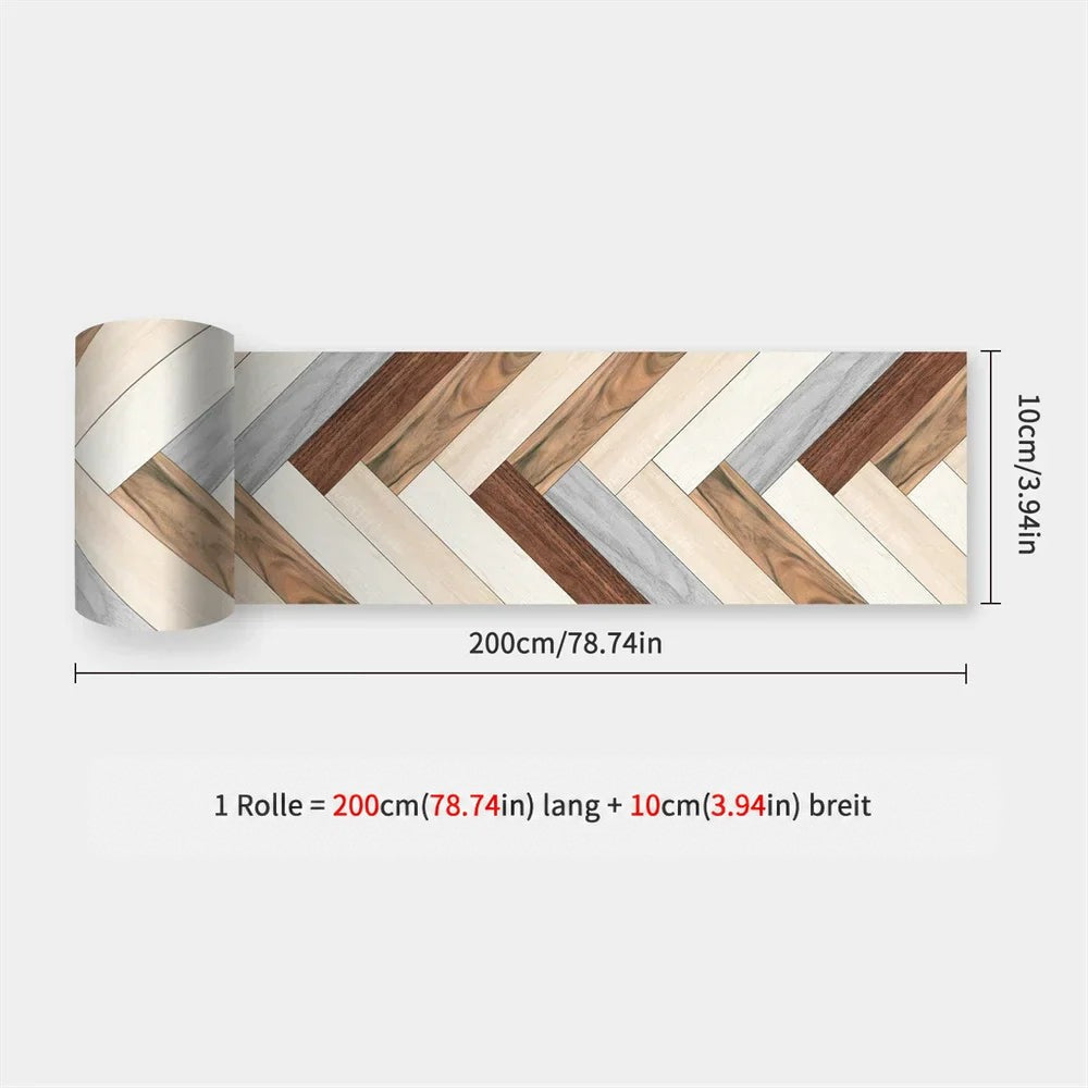 Aufgerollter Streifen mit Fischgrätmuster in Holzoptik aus Weiß, Beige, Grau und Braun, Maßangaben 200 x 10 cm 35