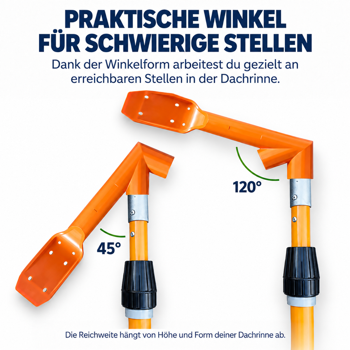 Nahaufnahme des orangen Schaufelkopfs in zwei Winkeln, 45 und 120 Grad, am Stielende 2