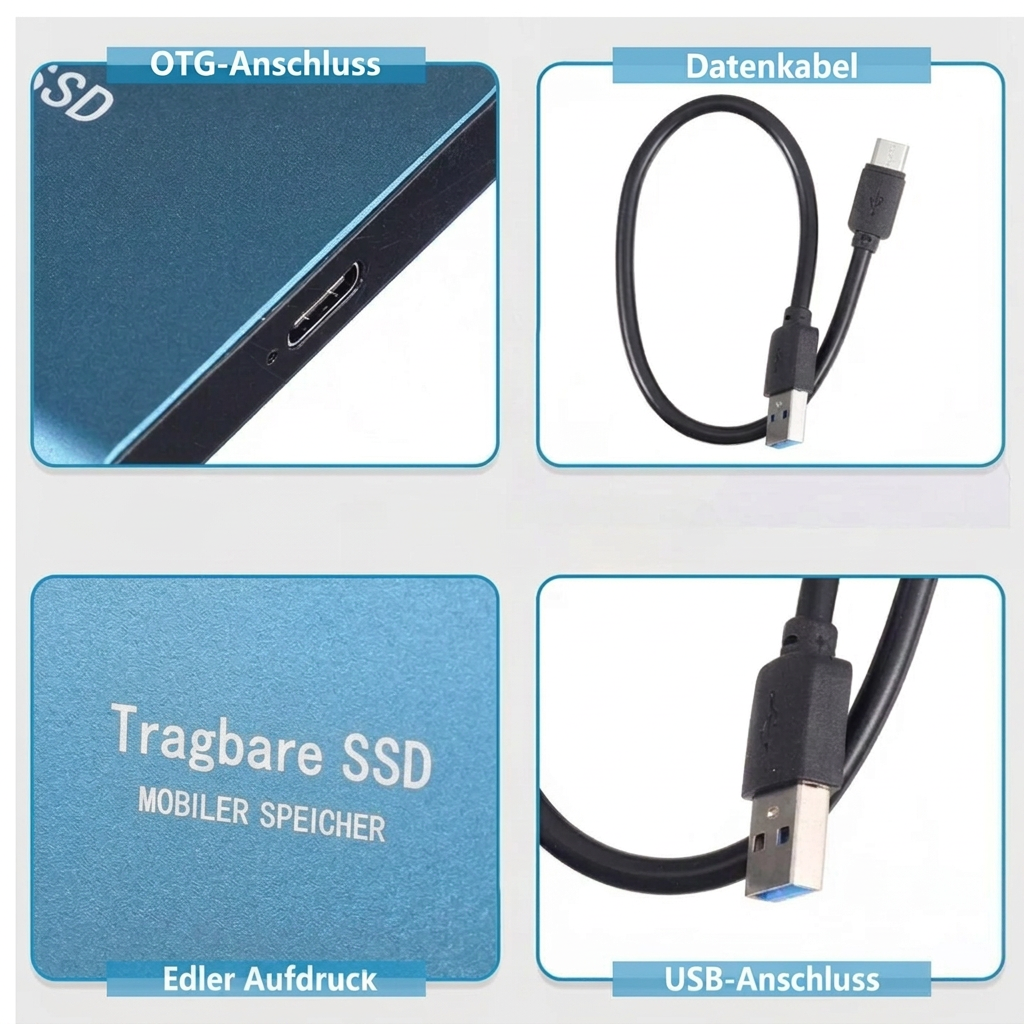 Vier Detailansichten: USB-C-Anschluss am blauen Gehäuse, Kabel mit USB-A-Stecker, Gehäuseoberfläche und USB-Stecker 7