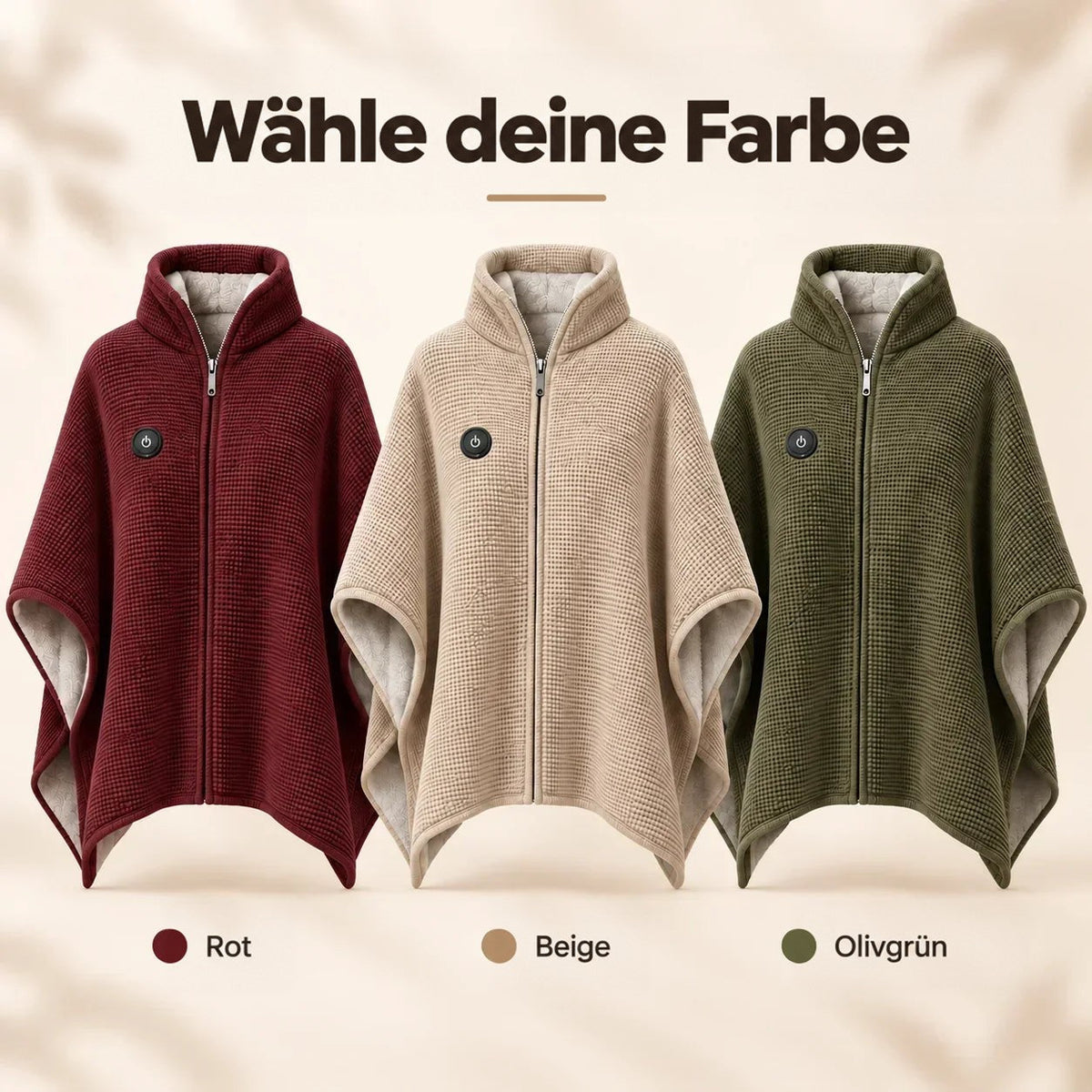 Drei tragbare Decken mit Stehkragen und Reißverschluss nebeneinander in Rot, Beige und Olivgrün, jeweils mit Einschaltknopf 3