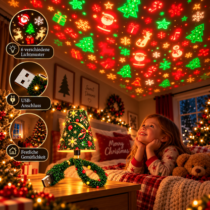 Lächelndes Mädchen im Schlafanzug liegt im weihnachtlich geschmückten Zimmer im Bett und schaut zu den Lichtmotiven an der Decke, die die Lampe projiziert. 8