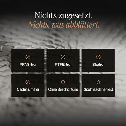 Übersicht der Produkteigenschaften auf Symbolkacheln: frei von PFAS, PTFE, Blei und Cadmium, ohne Beschichtung 6