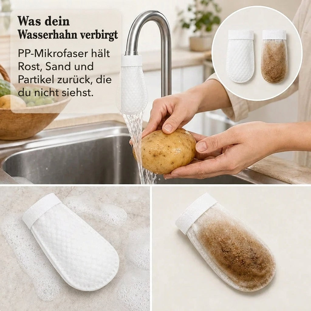 Kartoffel wird unter einem Wasserhahn mit aufgesetztem Filter gewaschen, daneben ein sauberer und ein braun verschmutzter Filterbeutel im Vergleich. 4