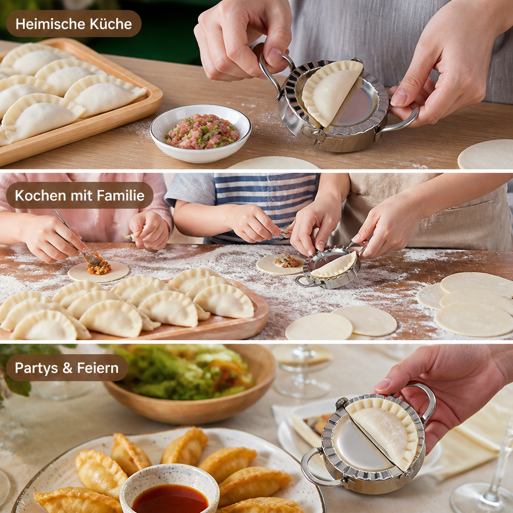 Dreiteilige Bildfolge: Hände formen Teigtaschen mit der Form in der Heimküche, beim Kochen mit Kind und bei einem Fest. 5