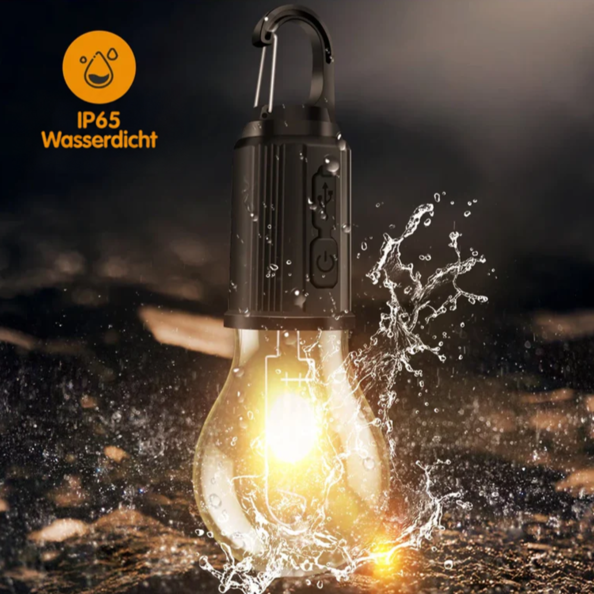 Lampe wird mit Wasserspritzern bespritzt und zeigt den Wasserschutz, USB-Anschluss und Schalter am Gehäuse sichtbar 9
