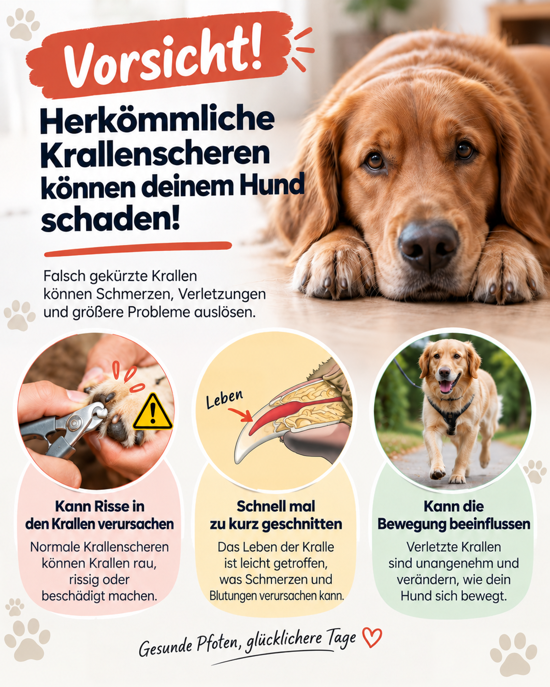 Infografik zu herkömmlichen Krallenscheren mit einem Hund, einer Krallenzeichnung und Warnhinweisen 4