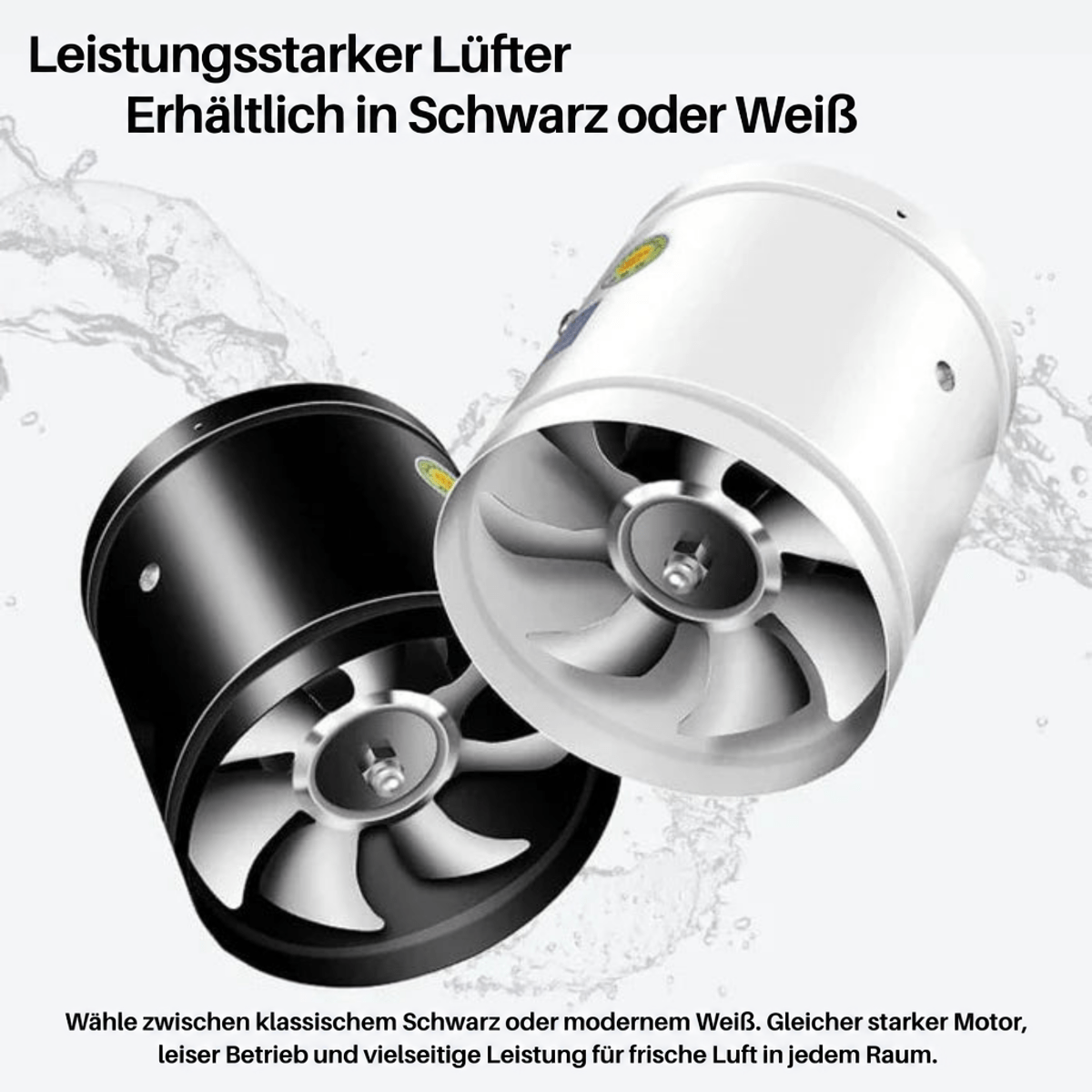 Zwei Ventilatoren nebeneinander, einer in Schwarz und einer in Weiß, vor Wasserspritzern 5