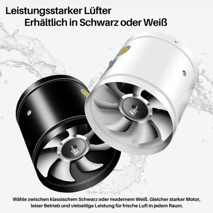 Zwei Ventilatoren nebeneinander, einer in Schwarz und einer in Weiß, vor Wasserspritzern 5