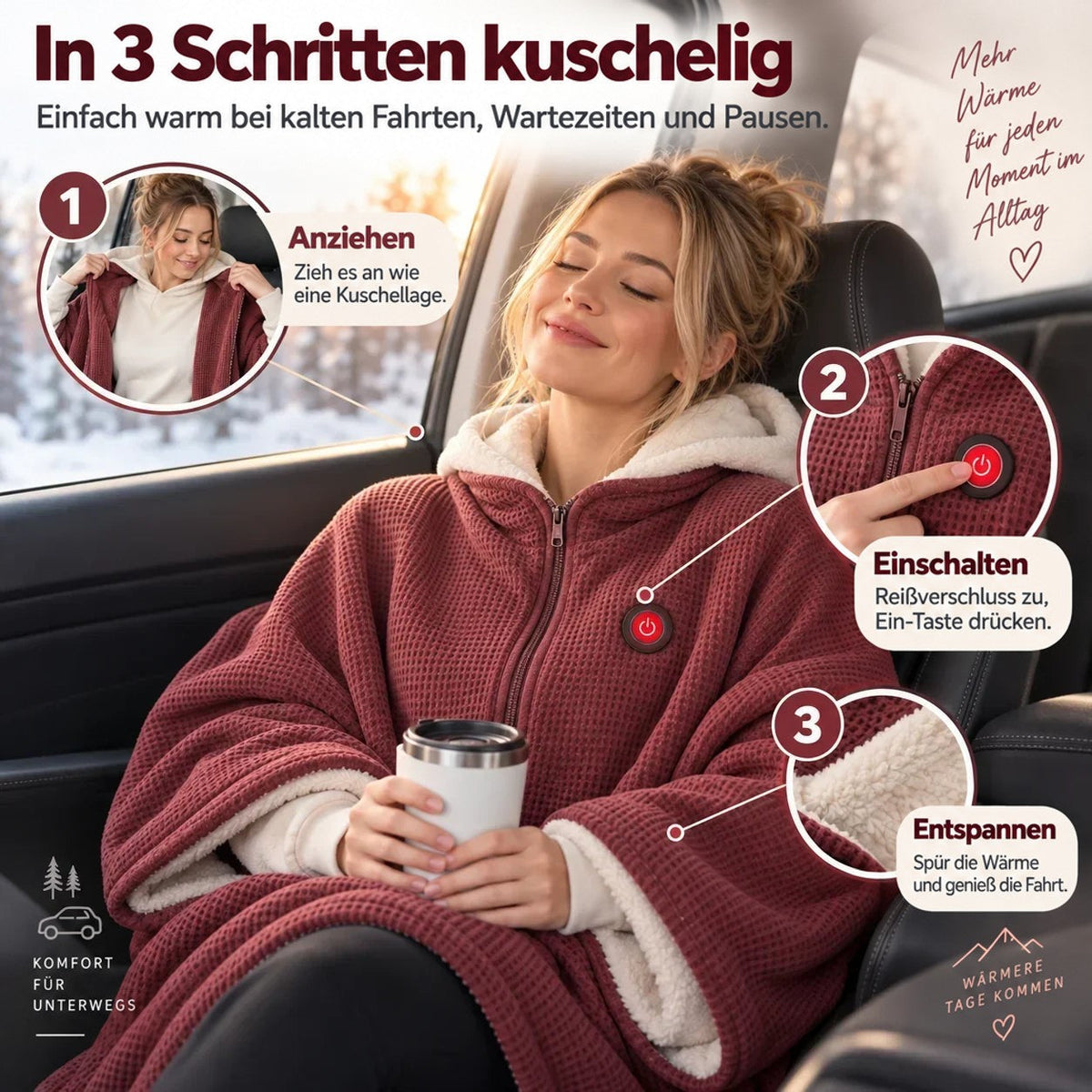 Frau mit Kapuze entspannt im Auto in der roten Decke, drei Einsätze zeigen Anziehen, Einschalten und Entspannen 5