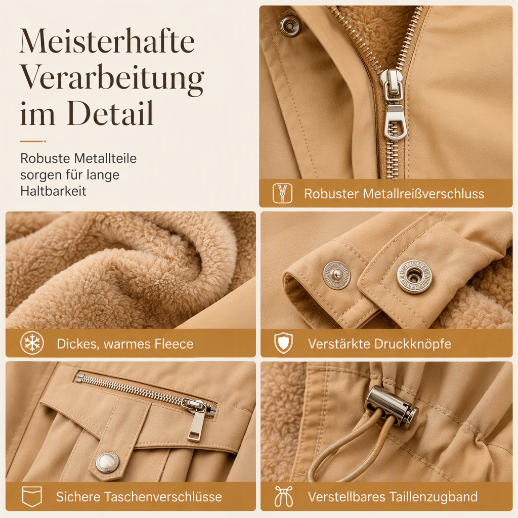 Collage aus Detailaufnahmen in Camel: Metallreißverschluss, Fleecefutter, Druckknöpfe am Ärmel, Taschenverschluss und 5