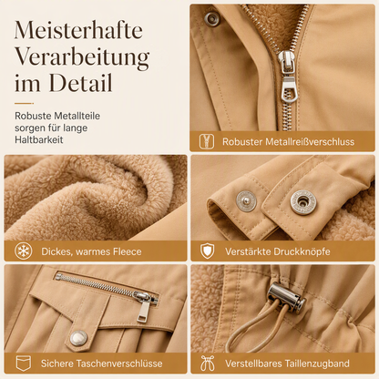 Collage aus Detailaufnahmen in Camel: Metallreißverschluss, Fleecefutter, Druckknöpfe am Ärmel, Taschenverschluss und 5