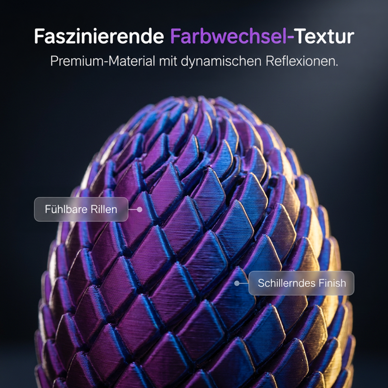 Detailaufnahme der Schuppenstruktur des Drachenei mit violett-blauem Farbwechsel-Schimmer vor dunklem Hintergrund. 5