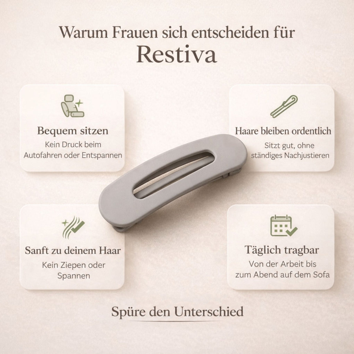 Graue Haarspange in der Mitte, umgeben von vier Kacheln mit Vorteilen und Symbolen 3