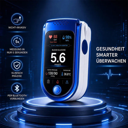 Das Messgerät auf einem leuchtenden Podest vor dunkelblauem Technikhintergrund, umgeben von vier Symbolen für Funktionen. 7