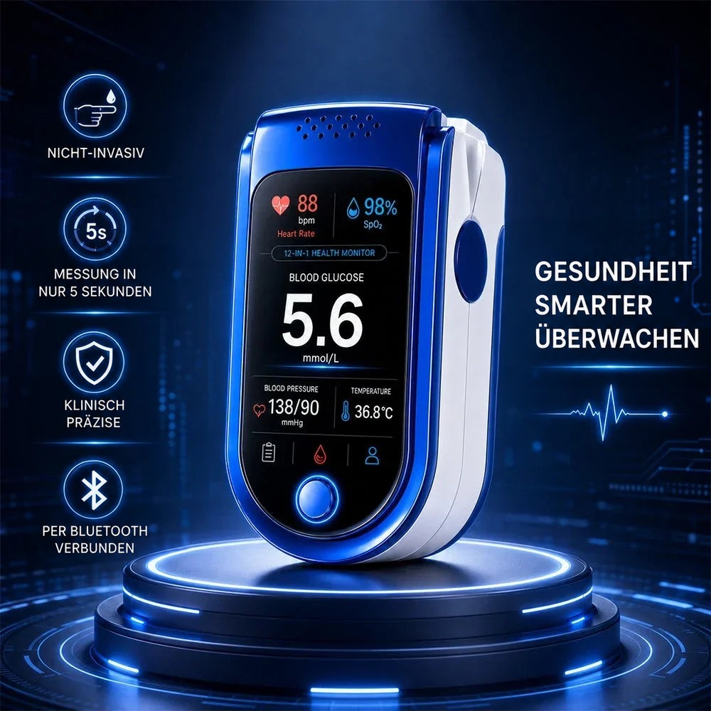 Das Messgerät auf einem leuchtenden Podest vor dunkelblauem Technik-Hintergrund, umgeben von vier Funktionssymbolen. 7